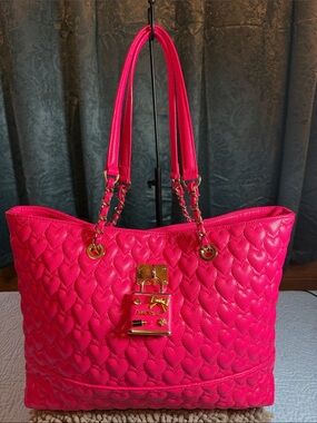 Betsey Johnson Hot Pink Quilted Heart Tote with Gold Hardware